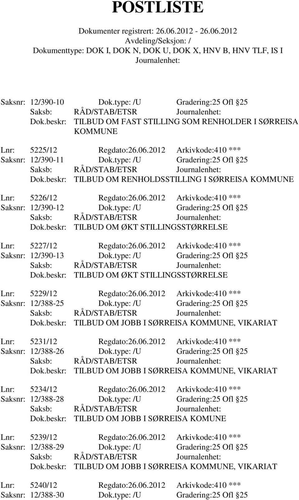 06.2012 Arkivkode:410 *** Saksnr: 12/390-13 Dok.type: /U Gradering:25 Ofl 25 Dok.beskr: TILBUD OM ØKT STILLINGSSTØRRELSE Lnr: 5229/12 Regdato:26.06.2012 Arkivkode:410 *** Saksnr: 12/388-25 Dok.