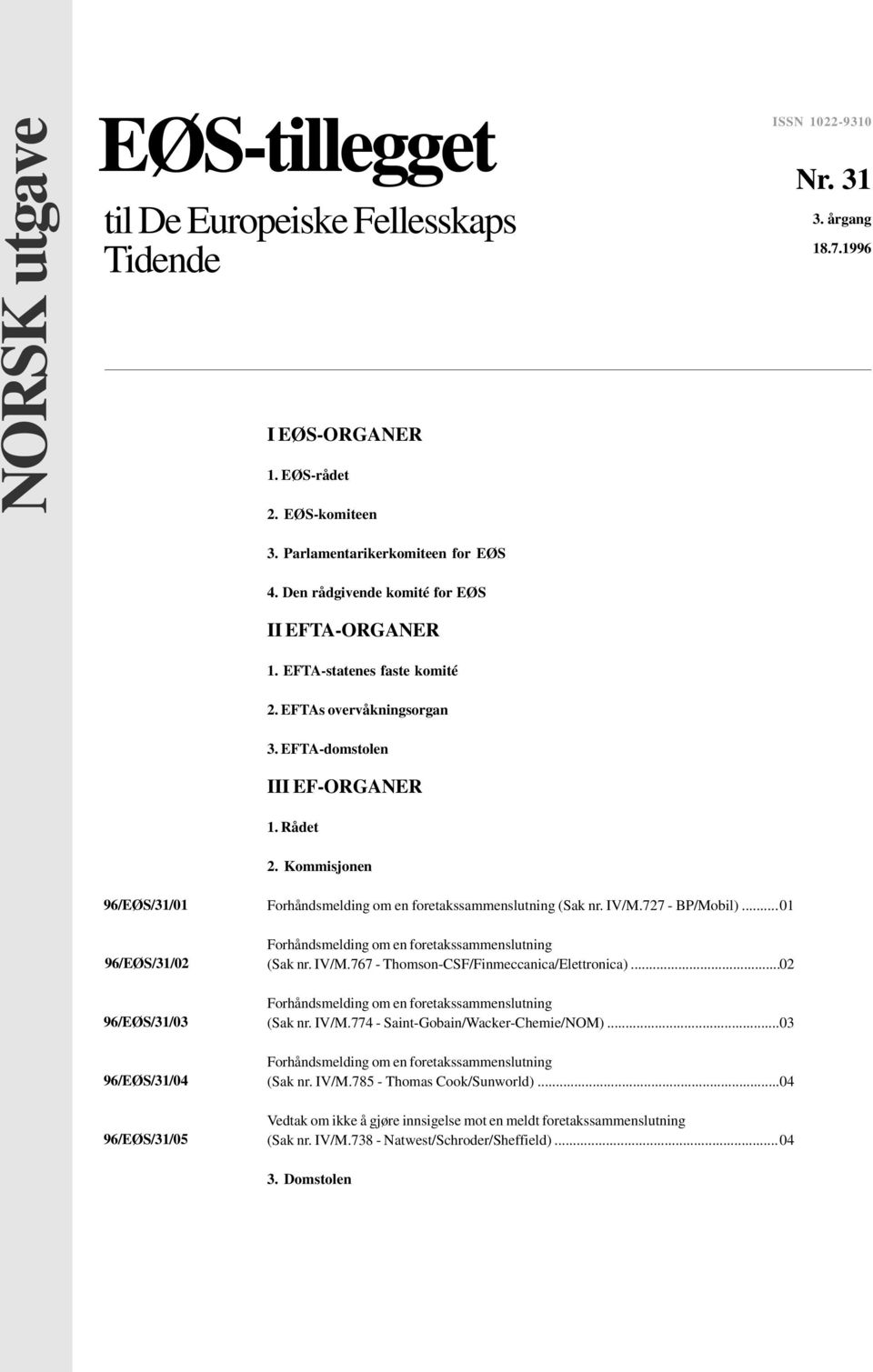 Kommisjonen 96/EØS/31/01 96/EØS/31/02 96/EØS/31/03 96/EØS/31/04 96/EØS/31/05 (Sak nr. IV/M.727 - BP/Mobil)... 01 (Sak nr. IV/M.767 - Thomson-CSF/Finmeccanica/Elettronica)... 02 (Sak nr.
