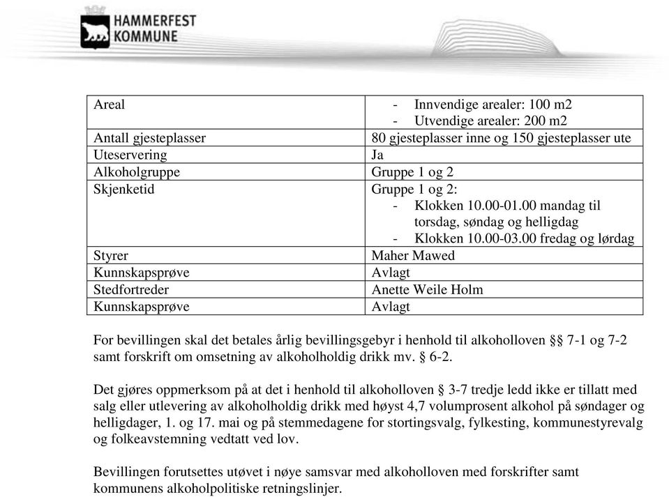 00 fredag og lørdag Styrer Maher Mawed Kunnskapsprøve Avlagt Stedfortreder Anette Weile Holm Kunnskapsprøve Avlagt For bevillingen skal det betales årlig bevillingsgebyr i henhold til alkoholloven