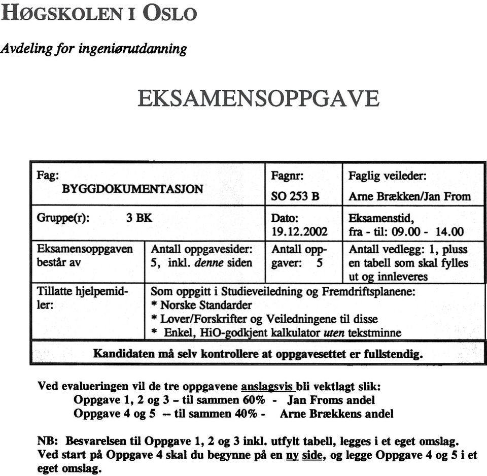 00 Antall vedlegg: l, pluss en tabell som skal fylles ut o~ innleveres Som oppgitt i Studieveiledning og Fremdrifisplanene: * Norske Standarder * Lover/Forskrifter og Veiledningene til disse * Enkel,