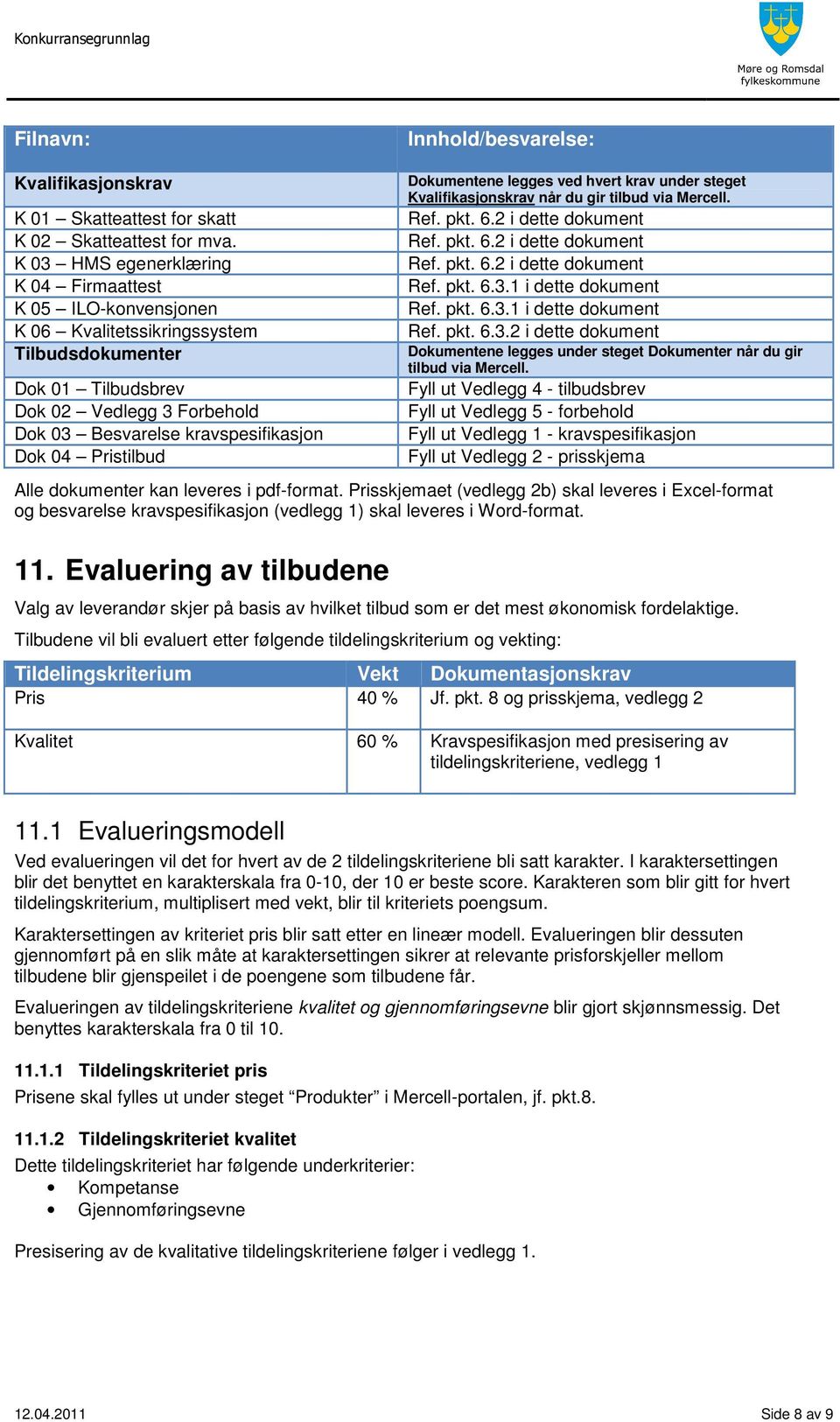 Pristilbud Dokumentene legges ved hvert krav under steget Kvalifikasjonskrav når du gir tilbud via Mercell. Ref. pkt. 6.2 i dette dokument Ref. pkt. 6.2 i dette dokument Ref. pkt. 6.2 i dette dokument Ref. pkt. 6.3.