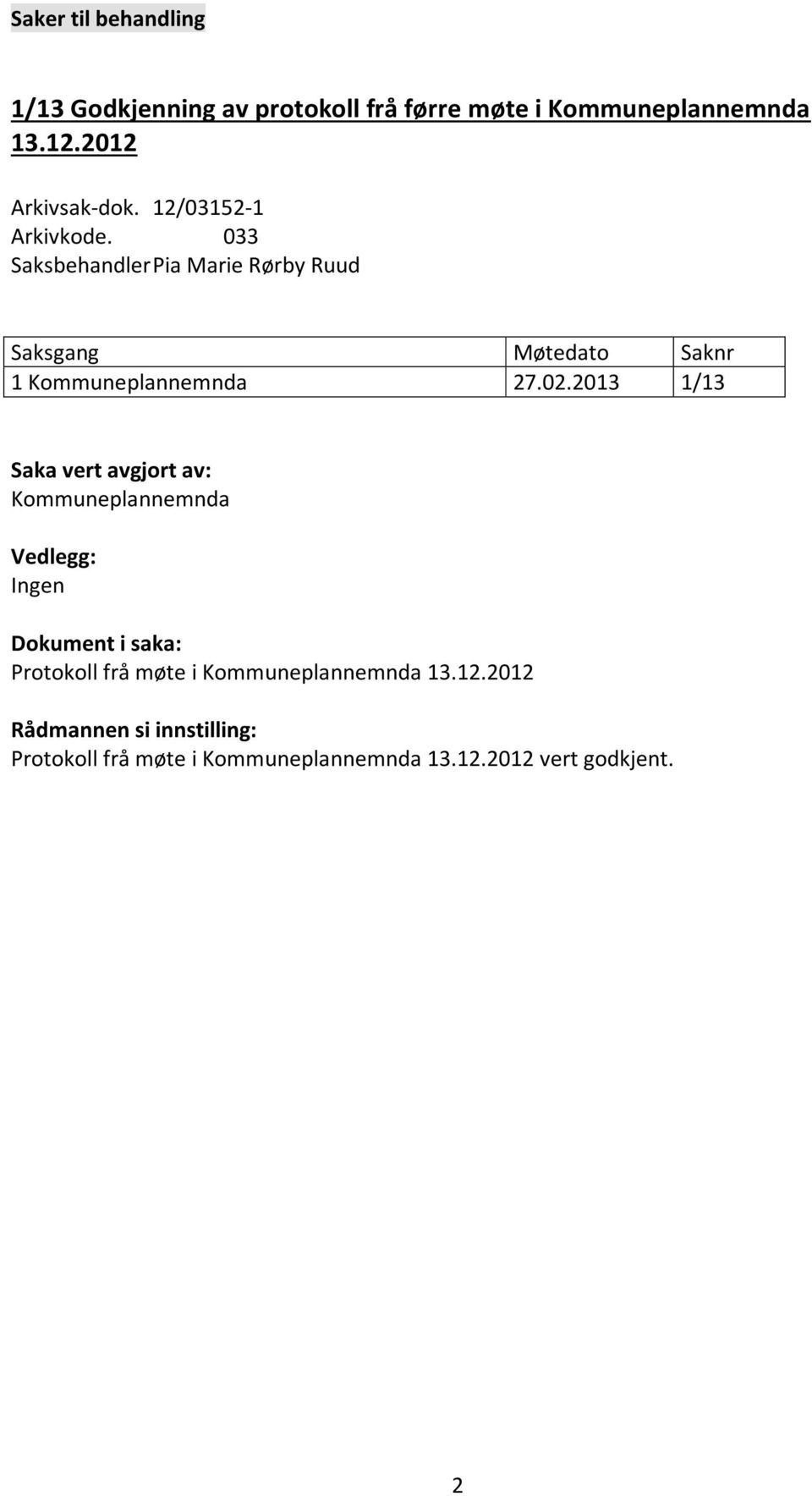 2013 1/13 Saka vert avgjort av: Kommuneplannemnda Vedlegg: Ingen Dokument i saka: Protokoll frå møte i