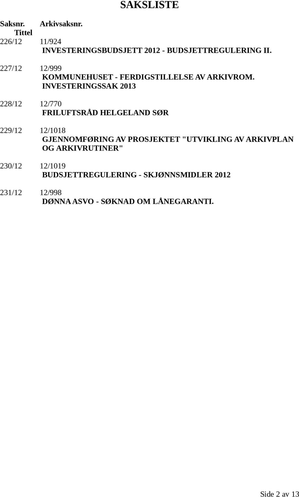 INVESTERINGSSAK 2013 228/12 12/770 FRILUFTSRÅD HELGELAND SØR 229/12 12/1018 GJENNOMFØRING AV PROSJEKTET