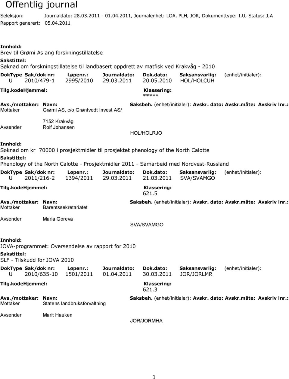 2011 Brev til Grømi As ang forskningstillatelse Søknad om forskningstillatelse til landbasert oppdrett av matfisk ved Krakvåg - 2010 U 2010/479-1 2995/2010 29.03.2011 20.05.