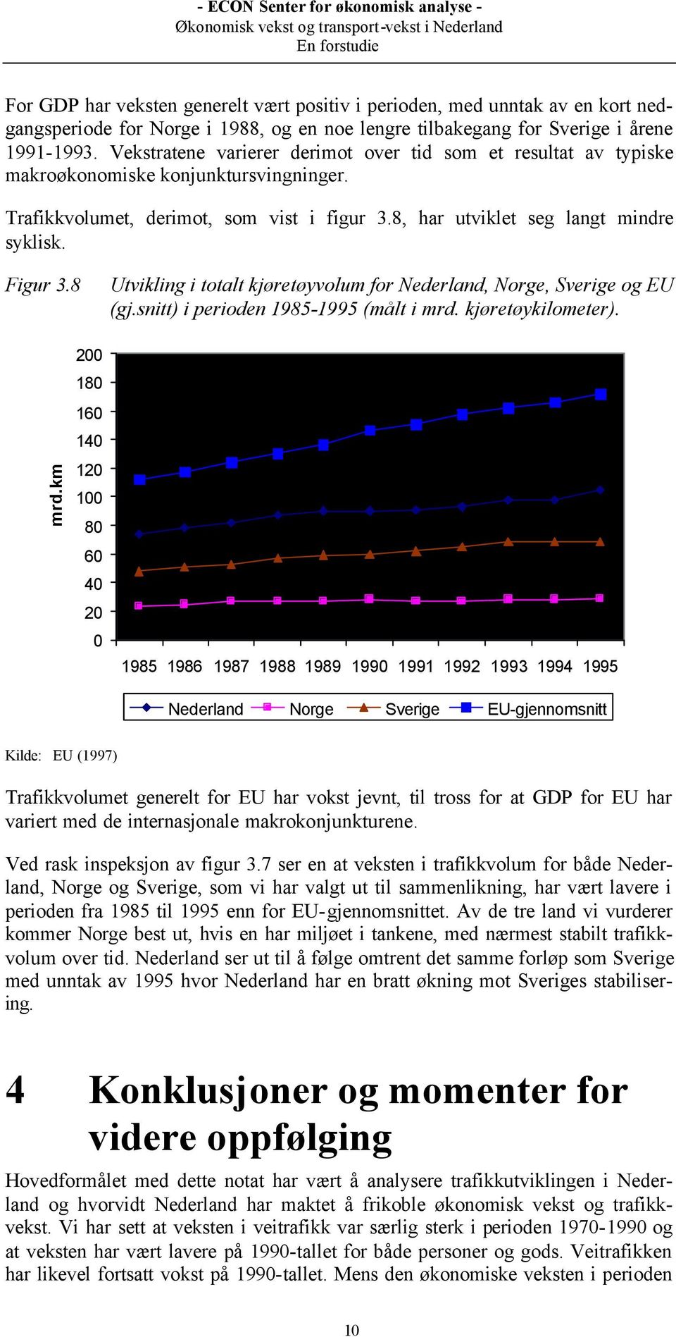 8 Utvikling i totalt kjøretøyvolum for Nederland, Norge, Sverige og EU (gj.snitt) i perioden 1985-1995 (målt i mrd.