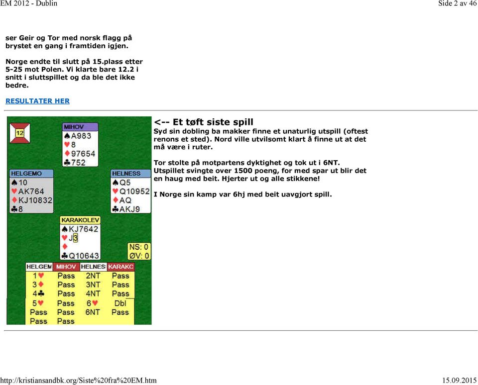 RESULTATER HER <-- Et tøft siste spill Syd sin dobling ba makker finne et unaturlig utspill (oftest renons et sted).