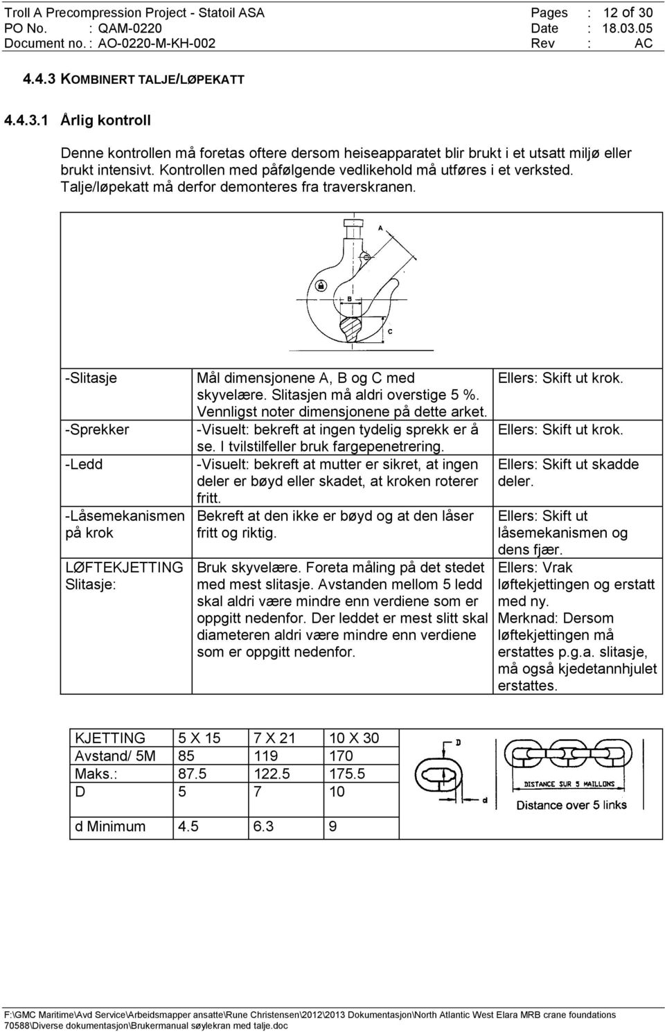 -Slitasje -Sprekker -Ledd -Låsemekanismen på krok LØFTEKJETTING Slitasje: Mål dimensjonene A, B og C med skyvelære. Slitasjen må aldri overstige 5 %. Vennligst noter dimensjonene på dette arket.