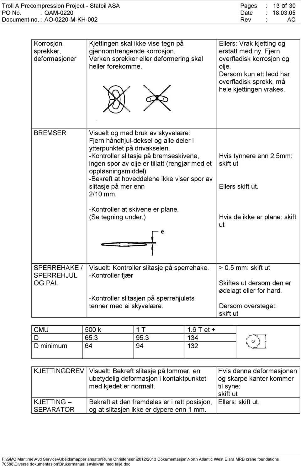 Dersom kun ett ledd har overfladisk sprekk, må hele kjettingen vrakes. BREMSER Visuelt og med bruk av skyvelære: Fjern håndhjul-deksel og alle deler i ytterpunktet på drivakselen.