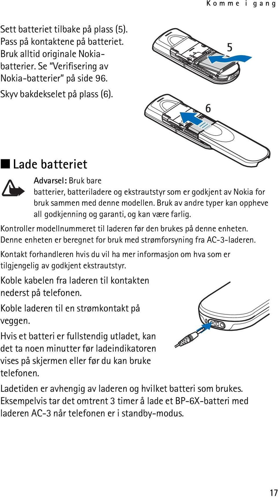 Bruk av andre typer kan oppheve all godkjenning og garanti, og kan være farlig. Kontroller modellnummeret til laderen før den brukes på denne enheten.