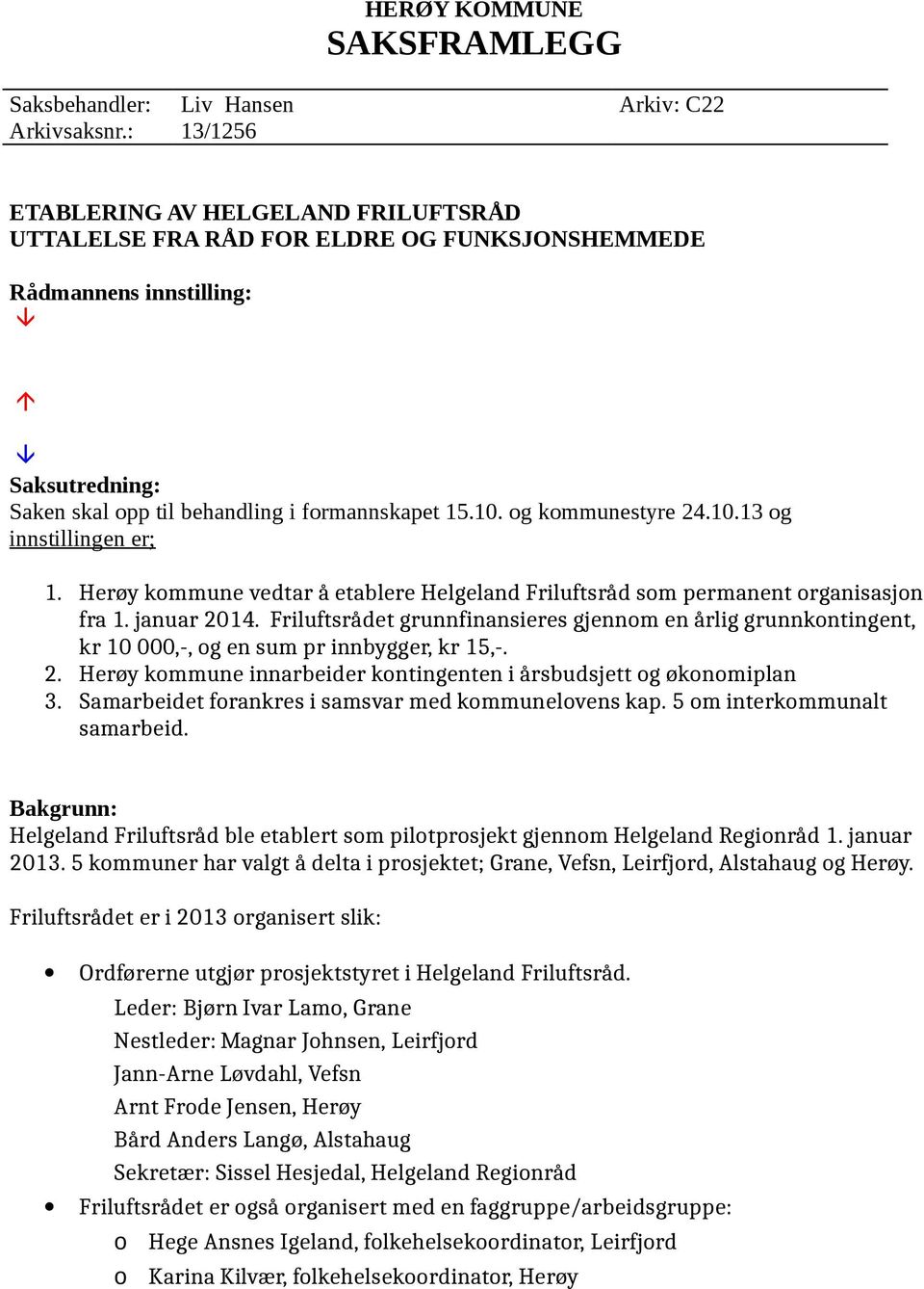 g kmmunestyre 24.10.13 g innstillingen er; 1. Herøy kmmune vedtar å etablere Helgeland Friluftsråd sm permanent rganisasjn fra 1. januar 2014.