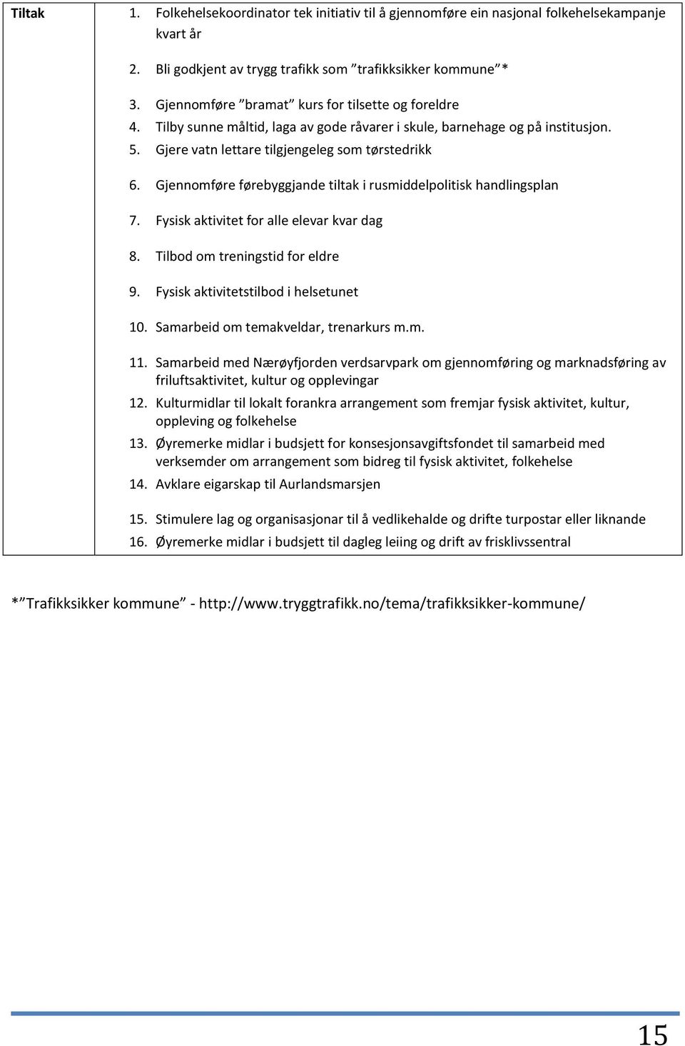 Gjennomføre førebyggjande tiltak i rusmiddelpolitisk handlingsplan 7. Fysisk aktivitet for alle elevar kvar dag 8. Tilbod om treningstid for eldre 9. Fysisk aktivitetstilbod i helsetunet 10.