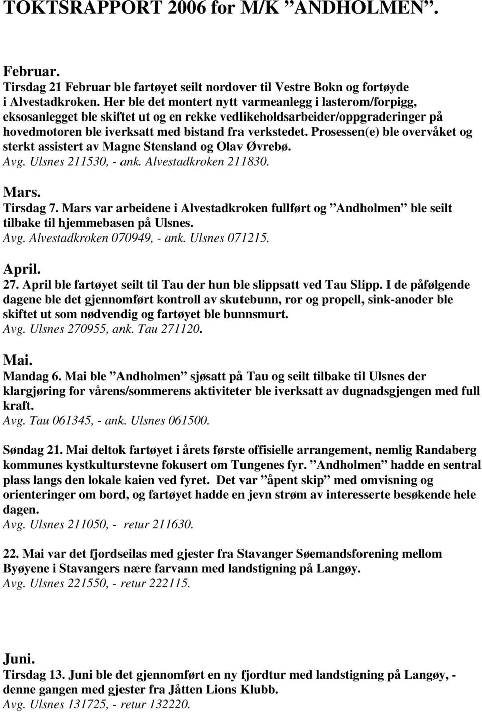 Prosessen(e) ble overvåket og sterkt assistert av Magne Stensland og Olav Øvrebø. Avg. Ulsnes 211530, - ank. Alvestadkroken 211830. Mars. Tirsdag 7.