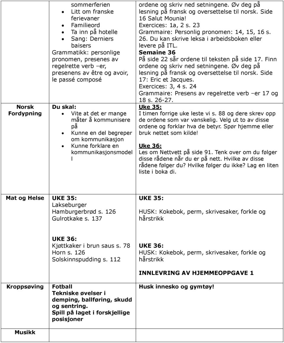 Øv deg på lesning på fransk og oversettelse til norsk. Side 16 Salut Mounia! Exercices: 1a, 2 s. 23 Grammaire: Personlig pronomen: 14, 15, 16 s. 26.