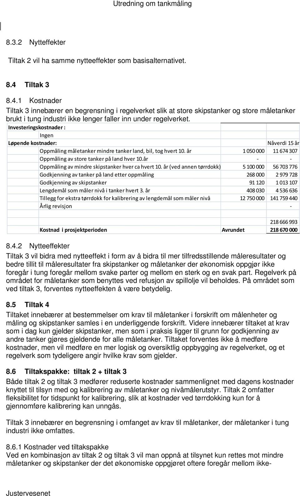 Investeringskostnader : Ingen Løpende kostnader: Nåverdi 15 år Oppmåling måletanker mindre tanker land, bil, tog hvert 10. år 1 050 000 11 674 307 Oppmåling av store tanker på land hver 10.