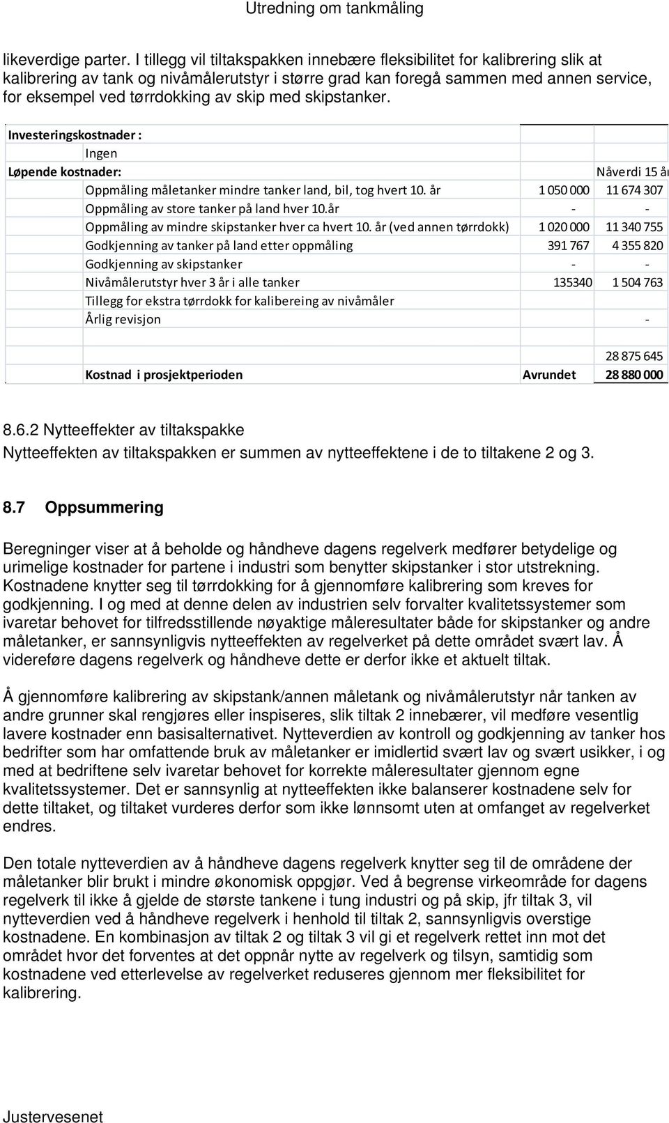 skip med skipstanker. Investeringskostnader : Ingen Løpende kostnader: Nåverdi 15 år Oppmåling måletanker mindre tanker land, bil, tog hvert 10.