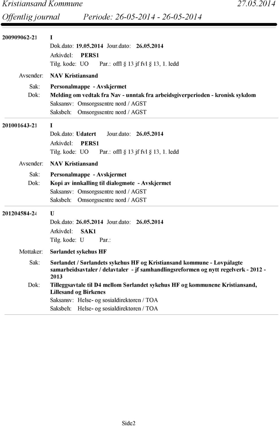2014 NAV Kristiansand Melding om vedtak fra Nav - unntak fra arbeidsgiverperioden - kronisk sykdom Saksansv: Omsorgssentre nord / AGST Saksbeh: Omsorgssentre nord / AGST 201001643-21 I Dok.