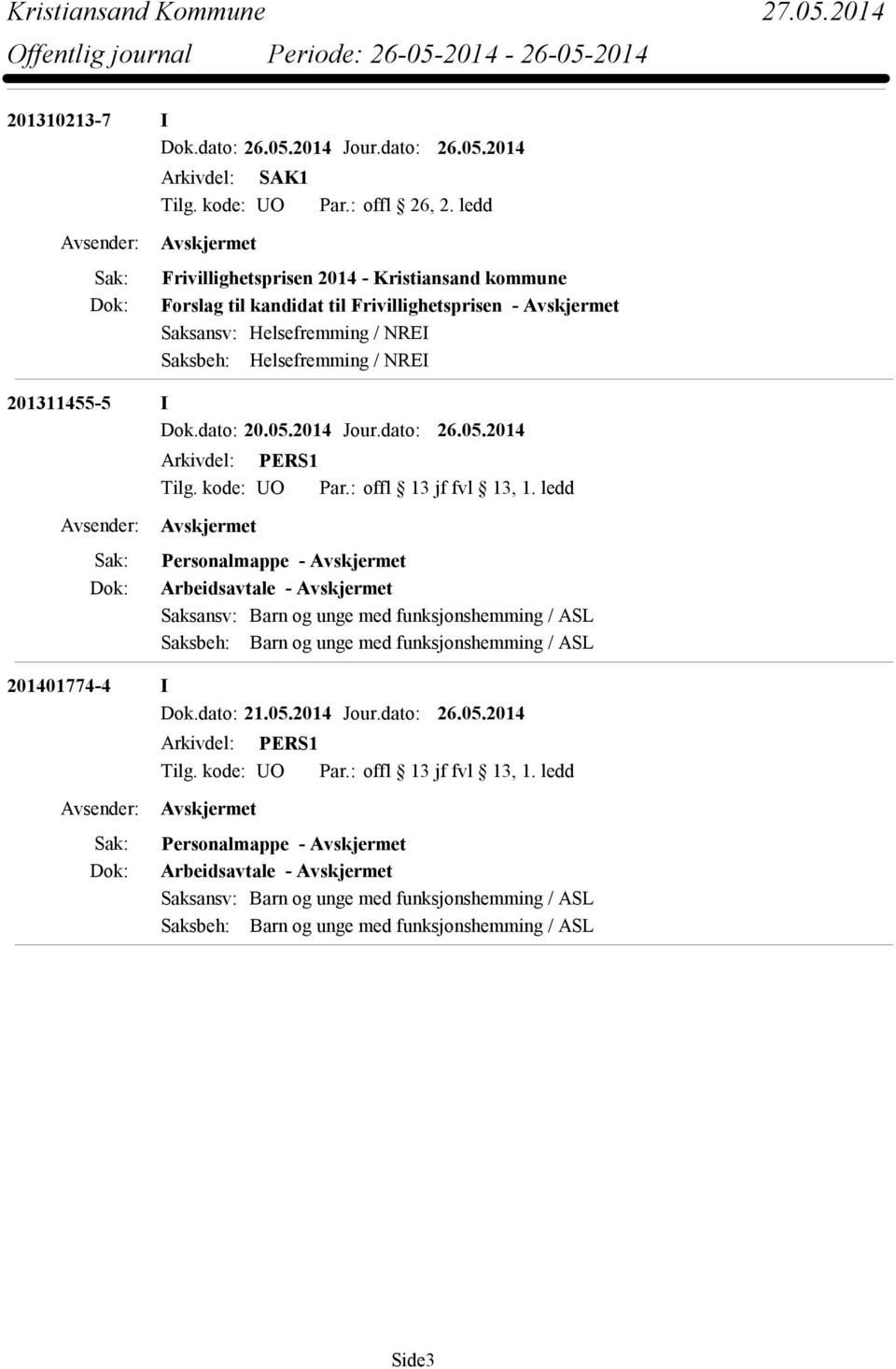 Saksansv: Helsefremming / NREI Saksbeh: Helsefremming / NREI 201311455-5 I Dok.dato: 20.05.2014 Jour.