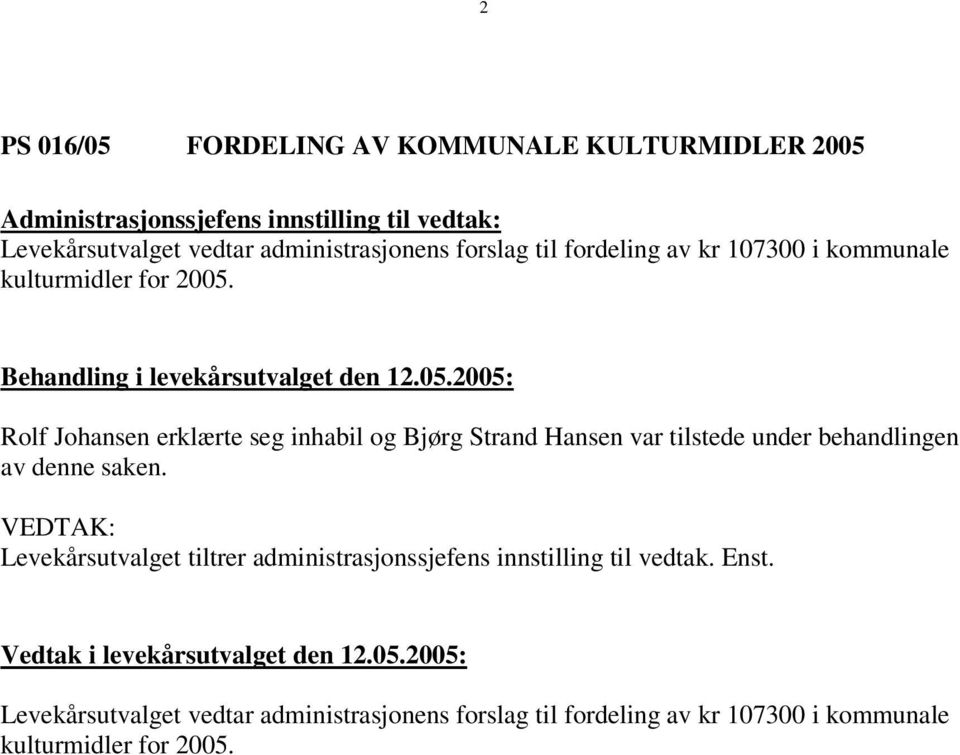 Rolf Johansen erklærte seg inhabil og Bjørg Strand Hansen var tilstede under behandlingen av