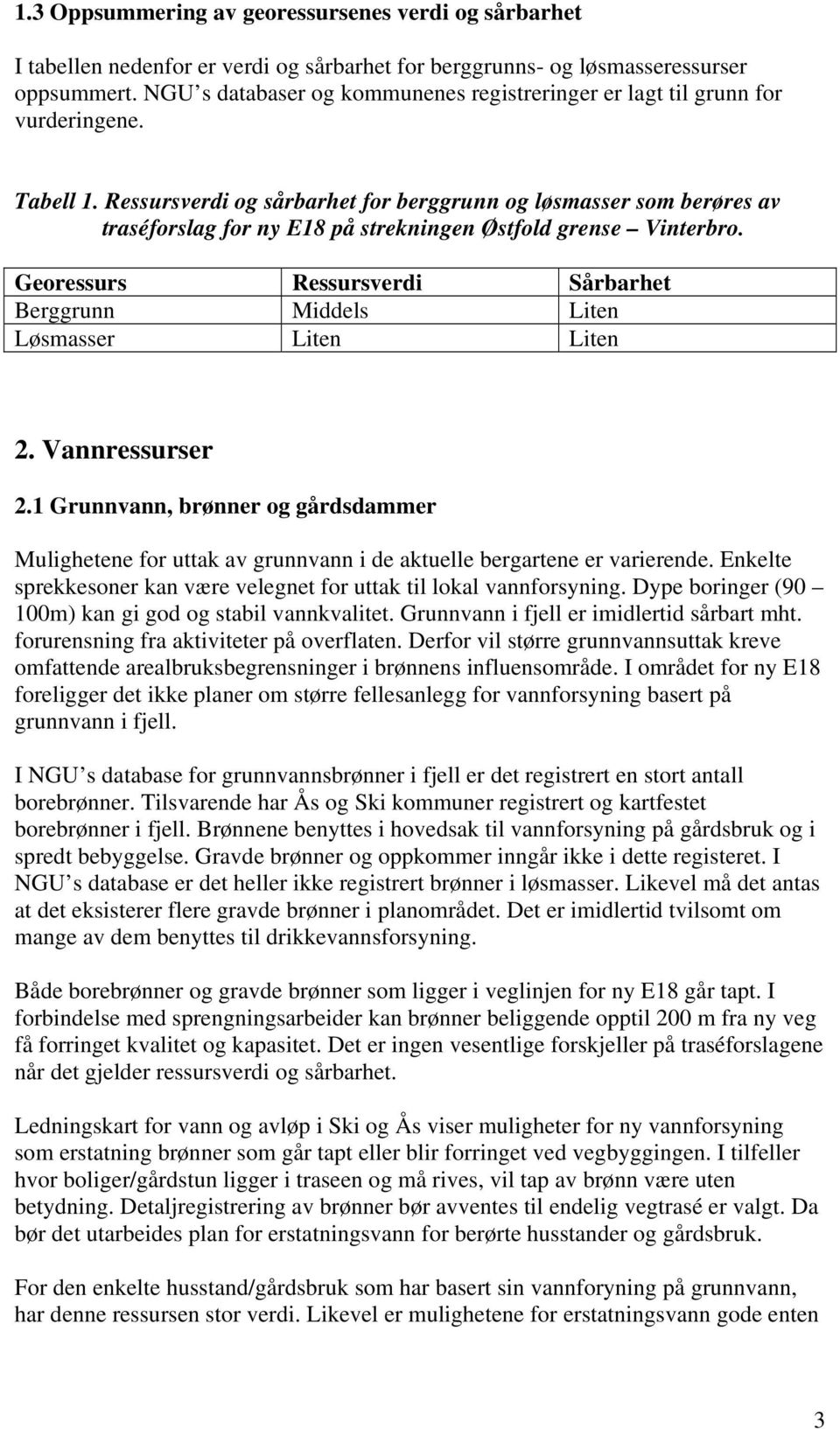 Ressursverdi og sårbarhet for berggrunn og løsmasser som berøres av traséforslag for ny E18 på strekningen Østfold grense Vinterbro. Georessurs Ressursverdi Sårbarhet Berggrunn Middels Løsmasser.