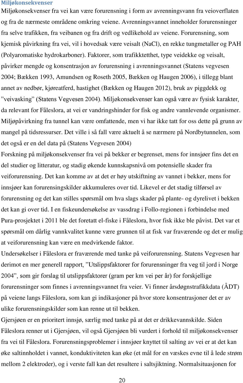 Forurensning, som kjemisk påvirkning fra vei, vil i hovedsak være veisalt (NaCl), en rekke tungmetaller og PAH (Polyaromatiske hydrokarboner).