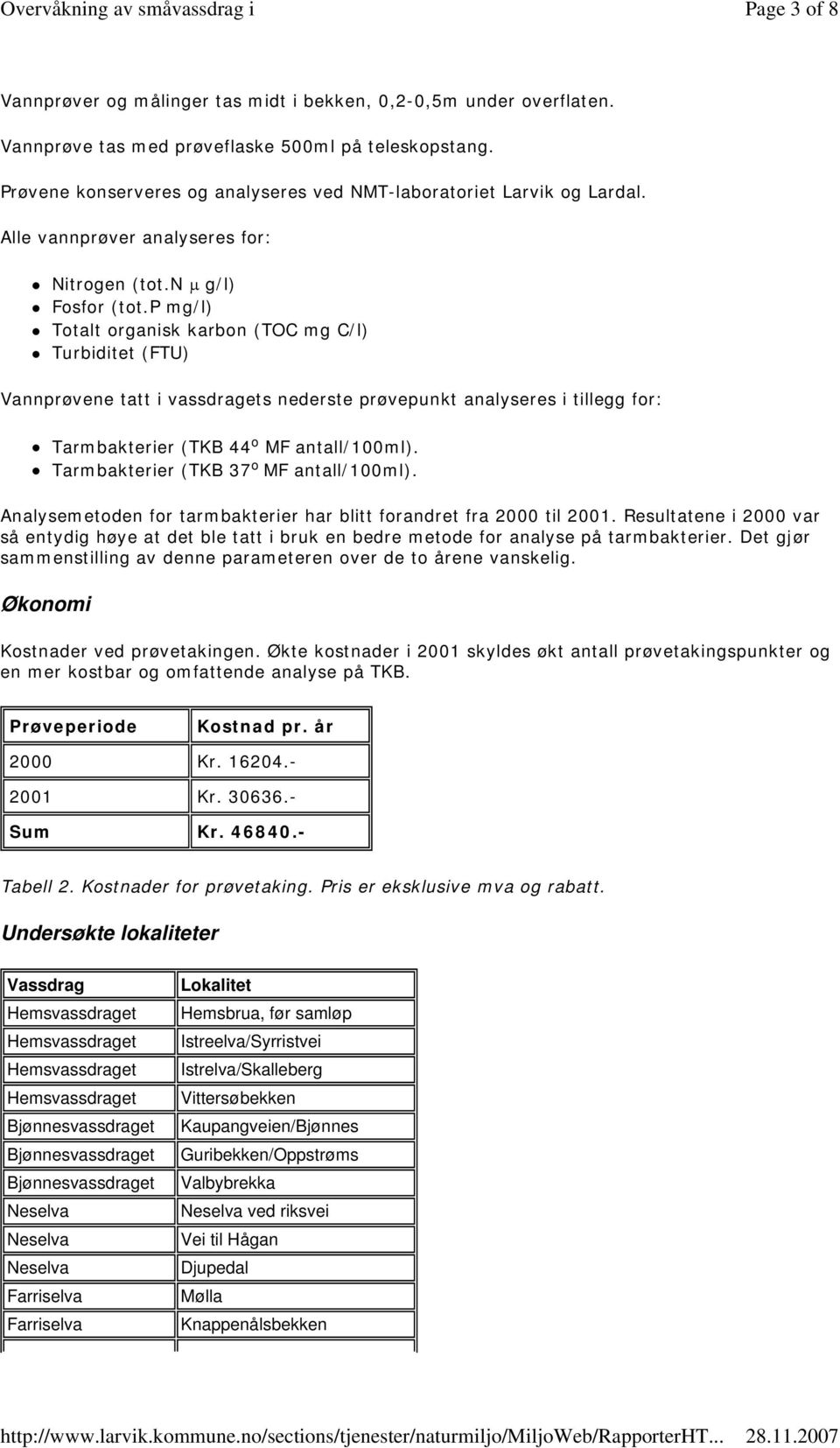 p mg/l) Totalt organisk karbon (TOC mg C/l) Turbiditet (FTU) Vannprøvene tatt i vassdragets nederste prøvepunkt analyseres i tillegg for: Tarmbakterier (TKB 44 o MF antall/100ml).