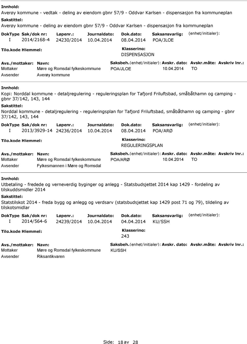 : Mottaker Møre og Romsdal fylkeskommune POA/JLOE TO Averøy kommune nnhold: Kopi: Norddal kommune - detaljregulering - reguleringsplan for Tafjord Friluftsbad, småbåthamn og camping - gbnr 37/142,