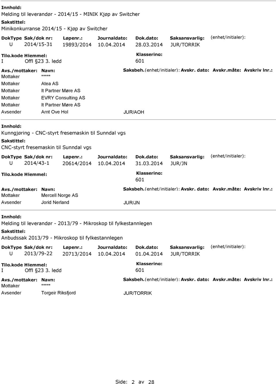 : Mottaker ***** Mottaker Mottaker Mottaker Mottaker Atea AS t Partner Møre AS EVRY Consulting AS t Partner Møre AS Arnt Ove Hol JR/AOH nnhold: Kunngjøring - CNC-styrt fresemaskin til Sunndal vgs