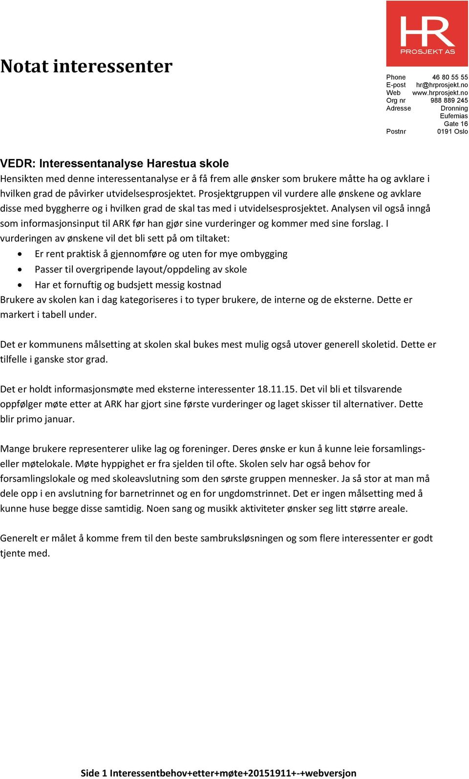 no Org 988 889 245 Adresse Dronning Eufemias Gate 16 Post 0191 Oslo VEDR: Interessentanalyse Harestua skole Hensikten med denne interessentanalyse er å få frem alle ønsker som brukere måtte ha og