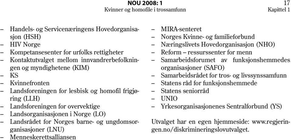 Norges barne- og ungdomsorganisasjoner (LNU) Menneskerettsalliansen MIRA-senteret Norges Kvinne- og familieforbund Næringslivets Hovedorganisasjon (NHO) Reform ressurssenter for menn