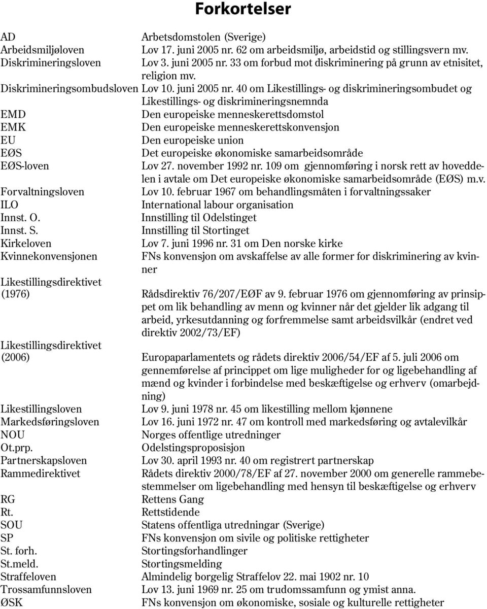 40 om Likestillings- og diskrimineringsombudet og Likestillings- og diskrimineringsnemnda EMD Den europeiske menneskerettsdomstol EMK Den europeiske menneskerettskonvensjon EU Den europeiske union