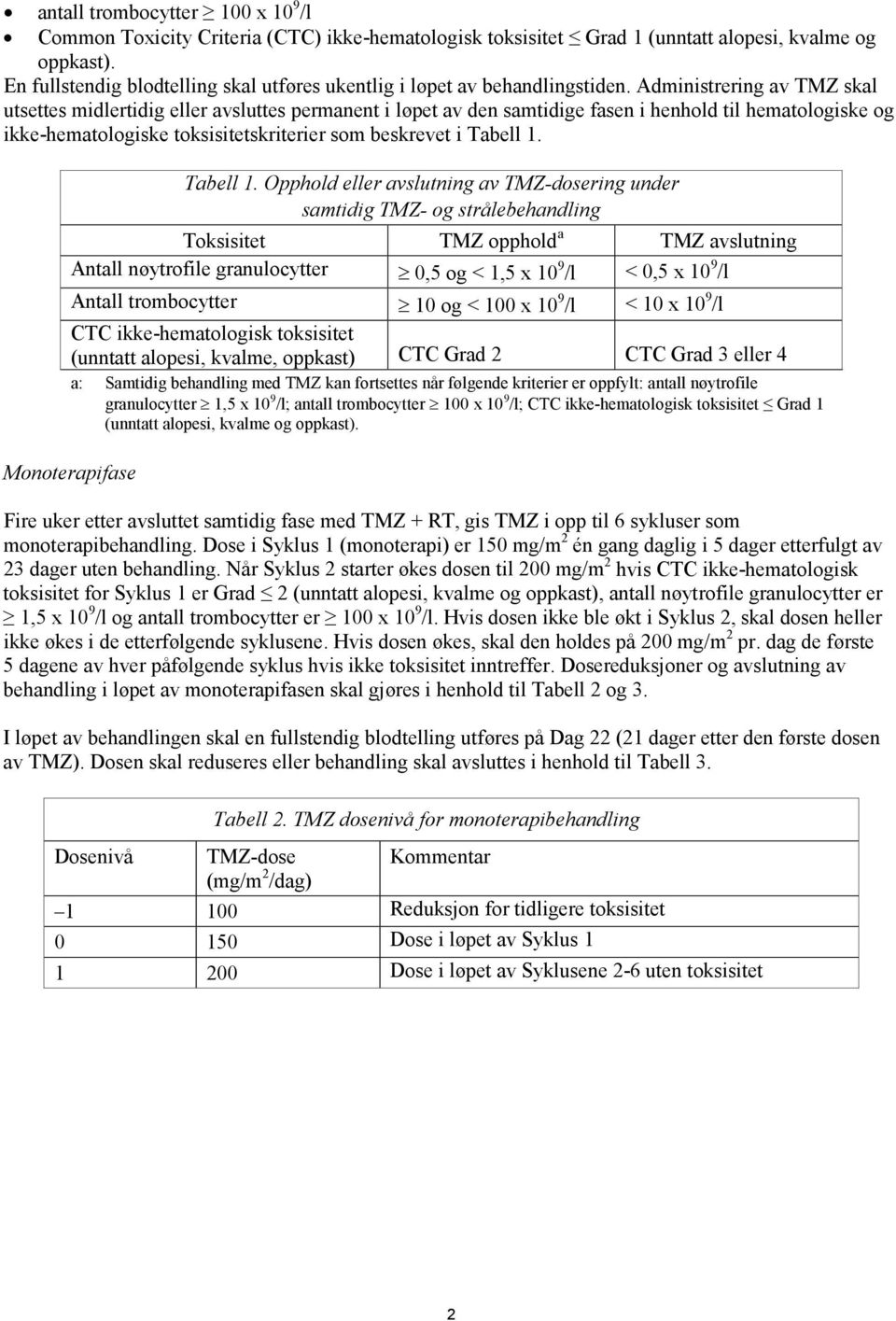 Administrering av TMZ skal utsettes midlertidig eller avsluttes permanent i løpet av den samtidige fasen i henhold til hematologiske og ikke-hematologiske toksisitetskriterier som beskrevet i Tabell