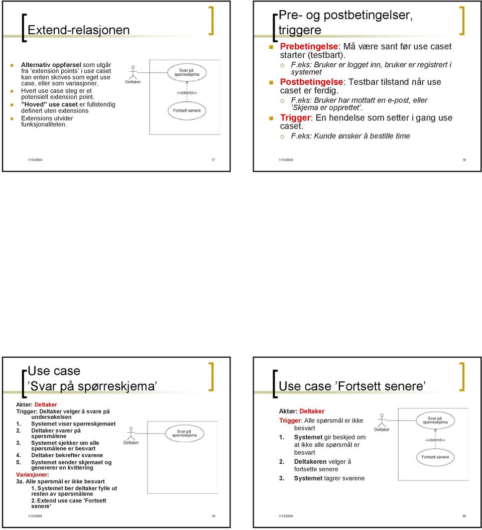 Pre- og postbetingelser, triggere Prebetingelse: Må være sant før use caset starter (testbart). F.