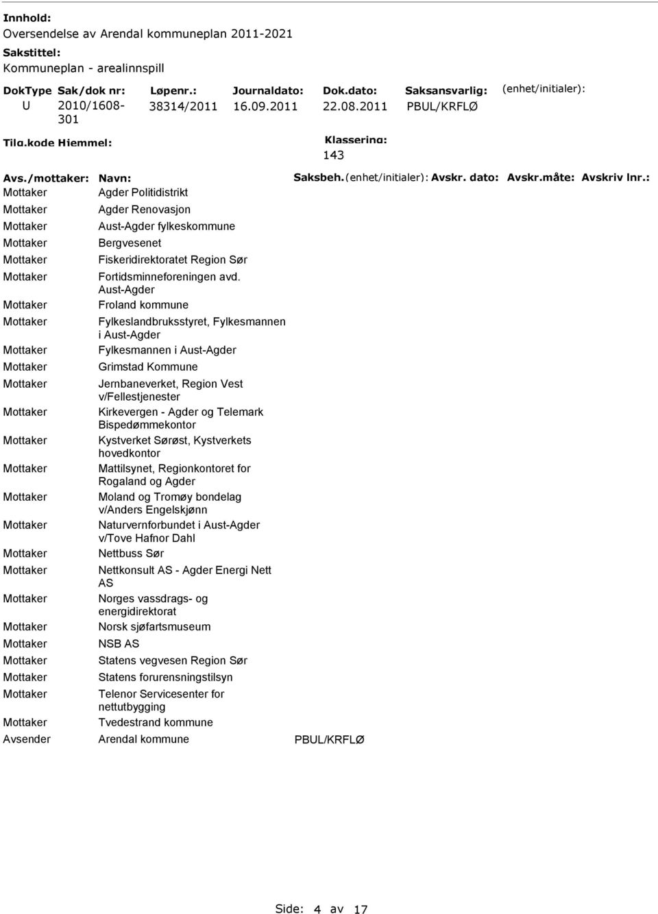 Aust-Agder Froland kommune Fylkeslandbruksstyret, Fylkesmannen i Aust-Agder Fylkesmannen i Aust-Agder Grimstad Kommune Jernbaneverket, Region Vest v/fellestjenester Kirkevergen - Agder og Telemark