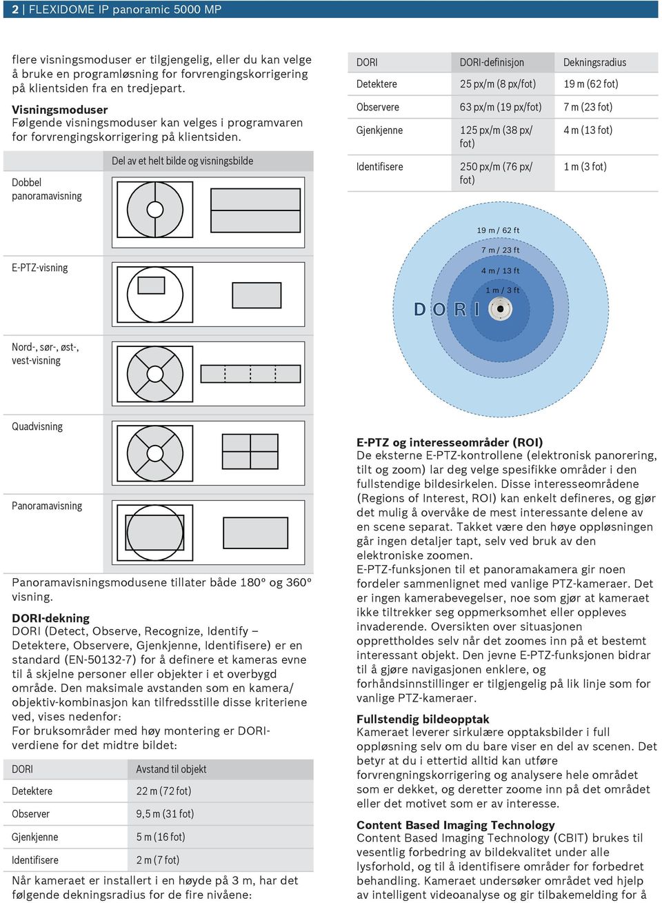 Dobbel panoramavisning Del av et helt bilde og visningsbilde DORI DORI-definisjon Dekningsradis Detektere 25 px/m (8 px/fot) 19 m (62 fot) Observere 63 px/m (19 px/fot) 7 m (23 fot) Gjenkjenne
