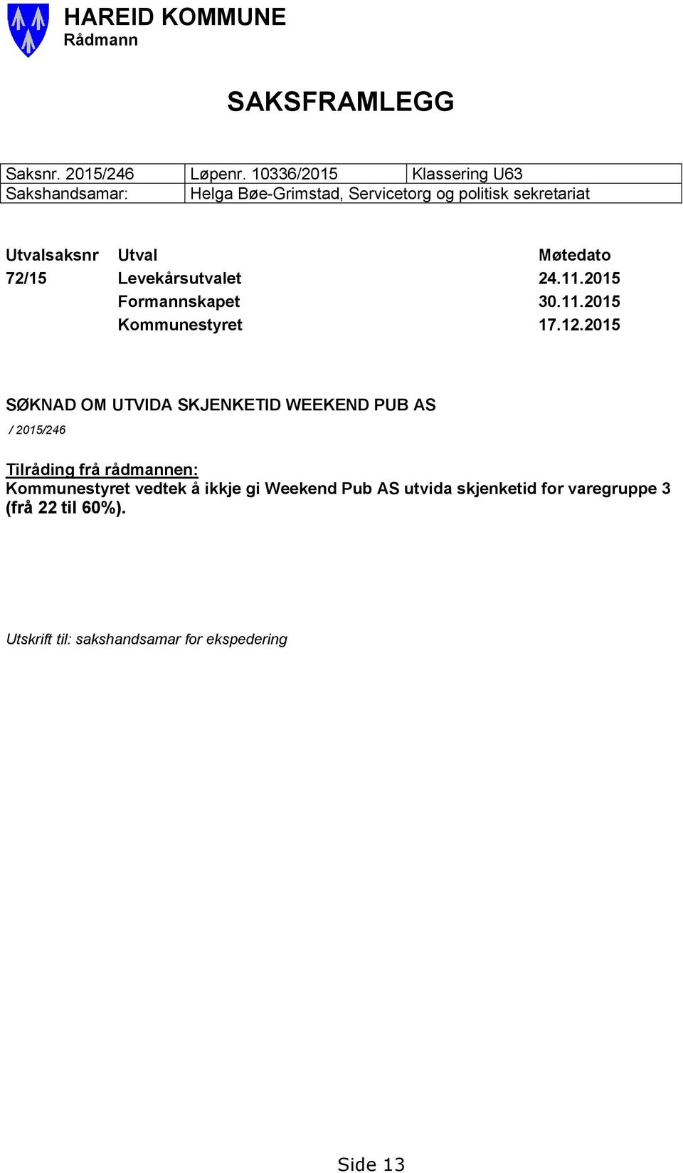 72/15 Levekårsutvalet 24.11.2015 Formannskapet 30.11.2015 Kommunestyret 17.12.