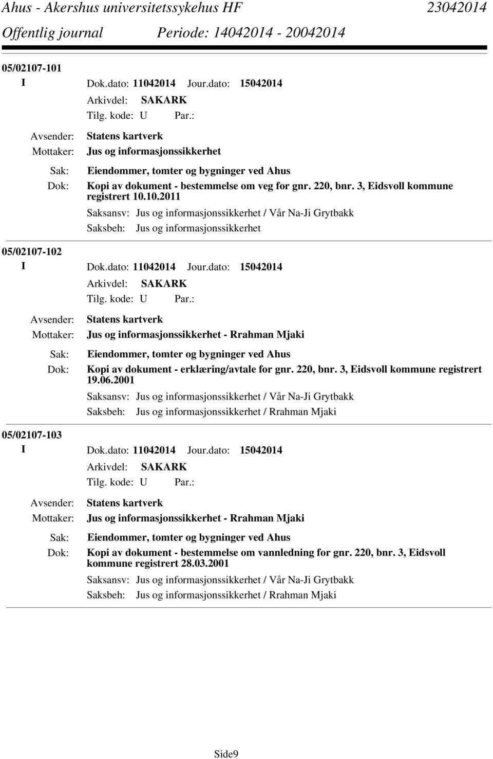 10.2011 Saksansv: Jus og informasjonssikkerhet / Vår Na-Ji Grytbakk Saksbeh: Jus og informasjonssikkerhet 05/02107-102 I Dok.dato: 11042014 Jour.dato: 15042014 Tilg. kode: U Par.