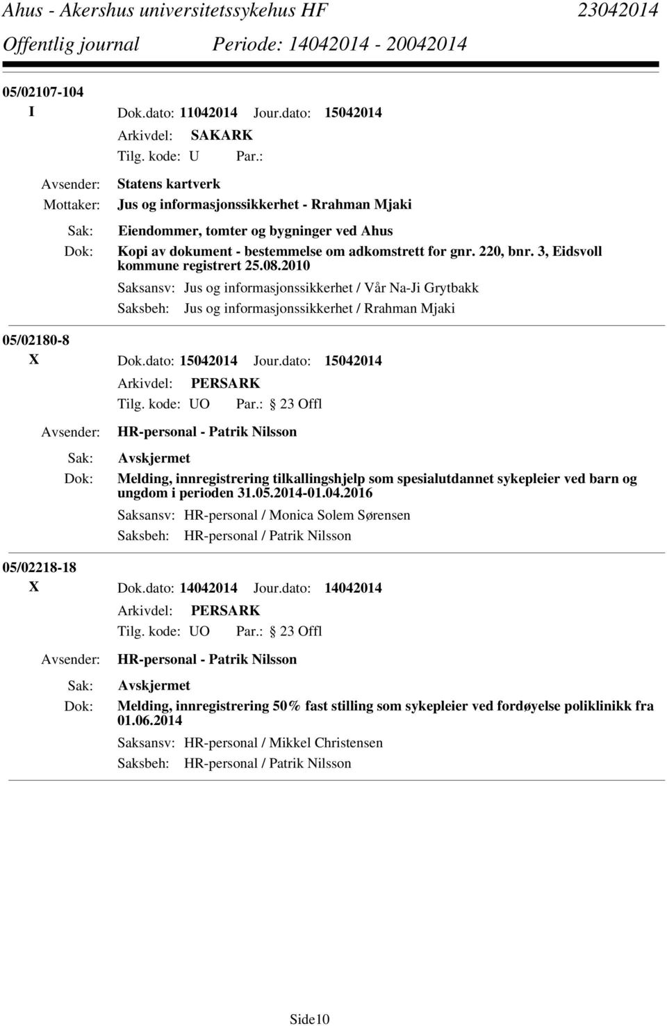 3, Eidsvoll kommune registrert 25.08.2010 Saksansv: Jus og informasjonssikkerhet / Vår Na-Ji Grytbakk Saksbeh: Jus og informasjonssikkerhet / Rrahman Mjaki 05/02180-8 X Dok.dato: 15042014 Jour.