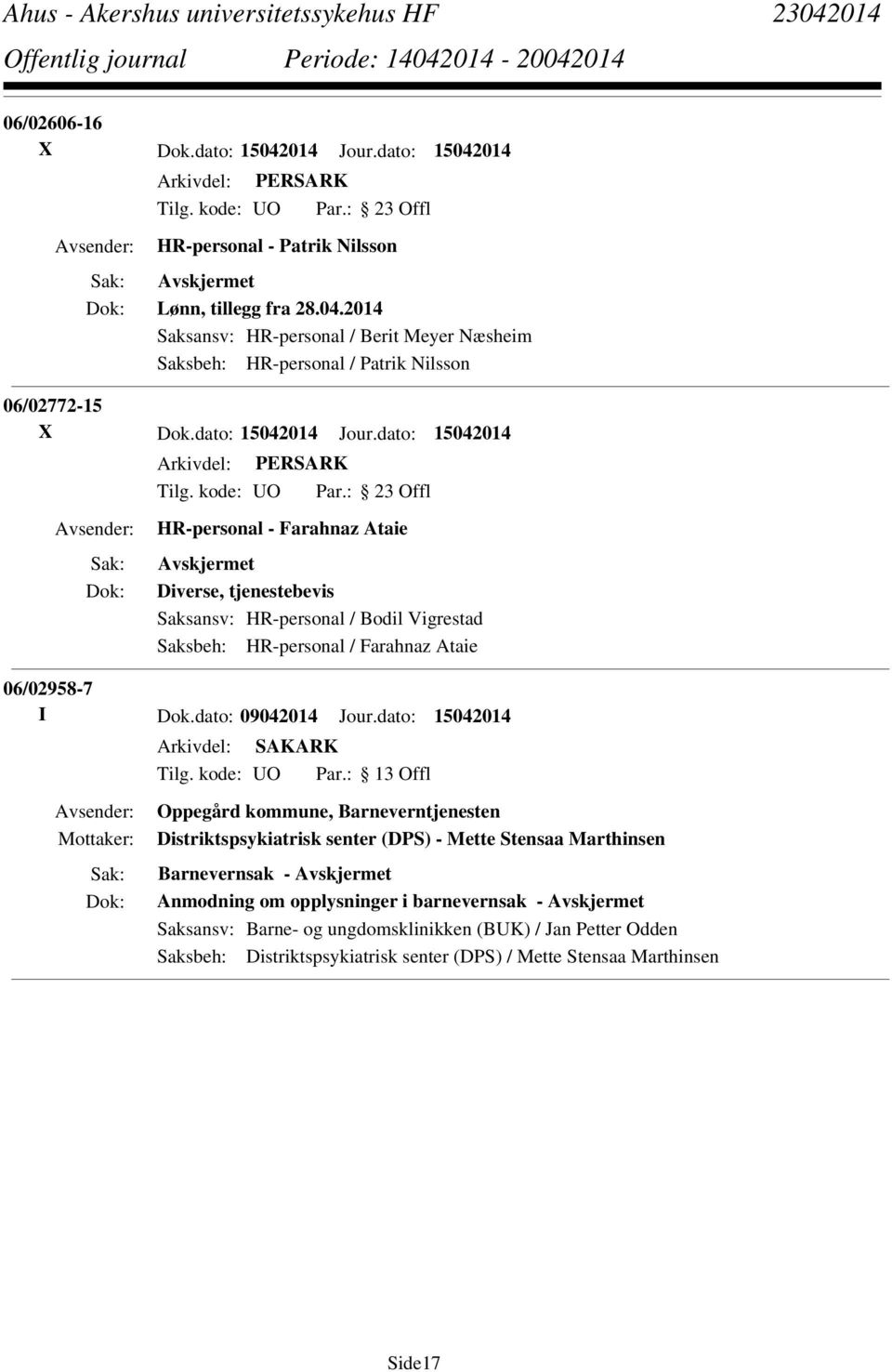 dato: 15042014 HR-personal - Farahnaz Ataie Diverse, tjenestebevis Saksansv: HR-personal / Bodil Vigrestad Saksbeh: HR-personal / Farahnaz Ataie 06/02958-7 I Dok.