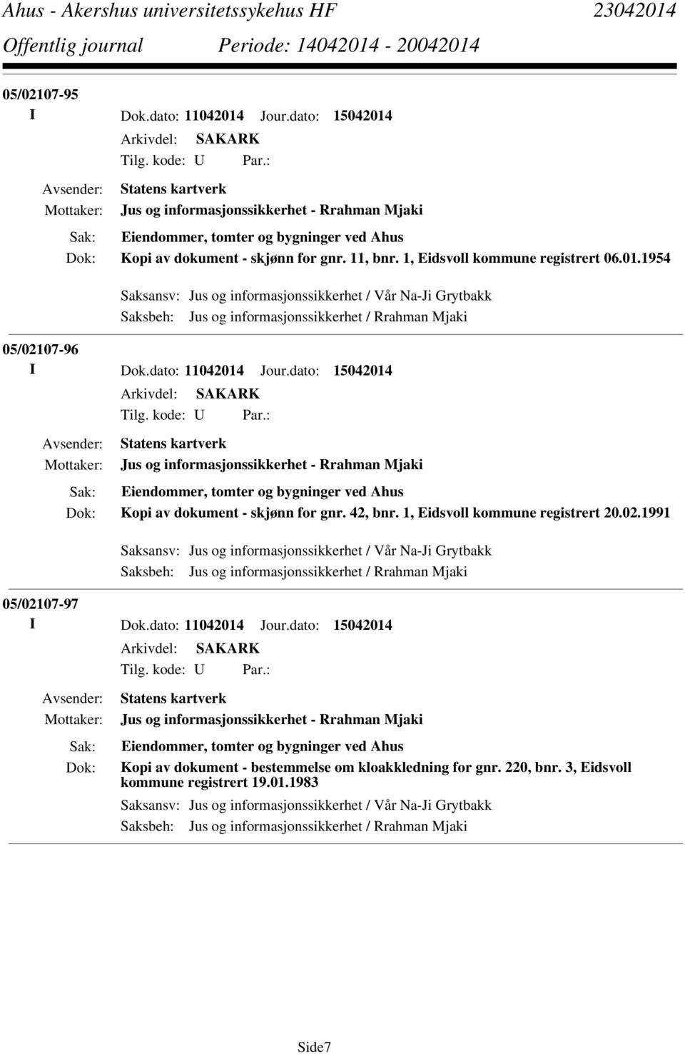 1954 Saksansv: Jus og informasjonssikkerhet / Vår Na-Ji Grytbakk Saksbeh: Jus og informasjonssikkerhet / Rrahman Mjaki 05/02107-96 I Dok.dato: 11042014 Jour.dato: 15042014 Tilg. kode: U Par.