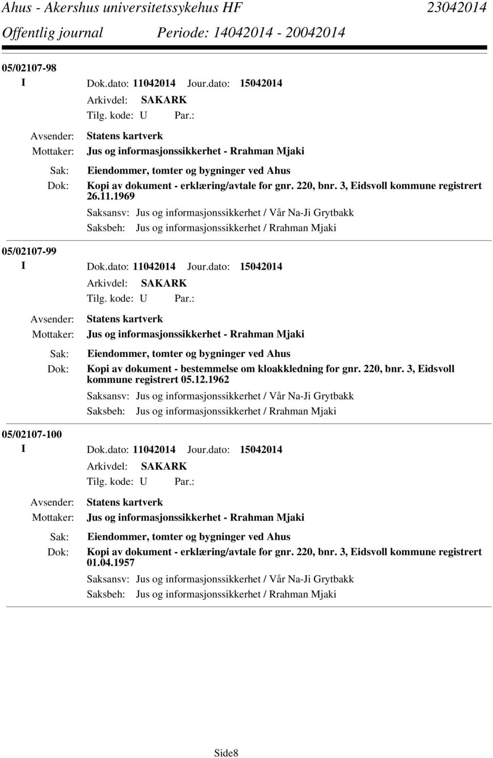 1969 Saksansv: Jus og informasjonssikkerhet / Vår Na-Ji Grytbakk Saksbeh: Jus og informasjonssikkerhet / Rrahman Mjaki 05/02107-99 I Dok.dato: 11042014 Jour.dato: 15042014 Tilg. kode: U Par.