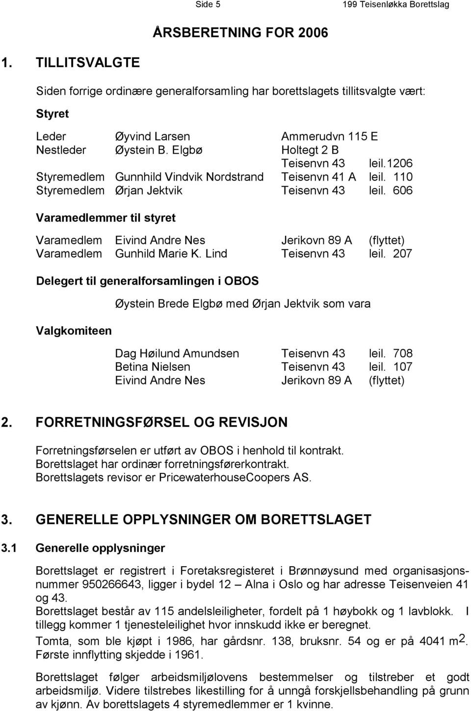 606 Varamedlemmer til styret Varamedlem Eivind Andre Nes Jerikovn 89 A (flyttet) Varamedlem Gunhild Marie K. Lind Teisenvn 43 leil.