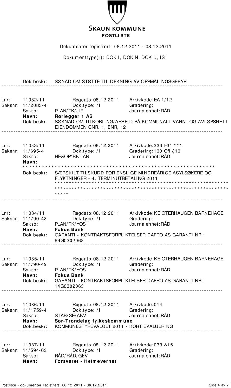 Lnr: 11083/11 Regdato:08.12.2011 Arkivkode:233 F31 *** Saksnr: 11/695-4 Dok.