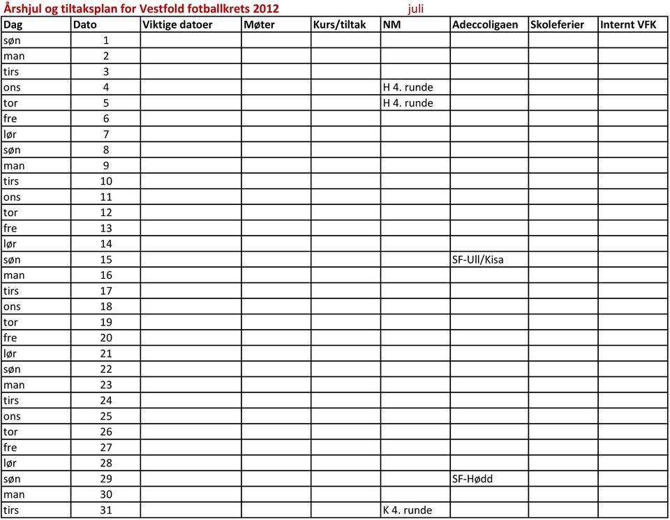 søn 15 SF-Ull/Kisa man 16 tirs 17 ons 18 tor 19 fre 20 lør 21 søn