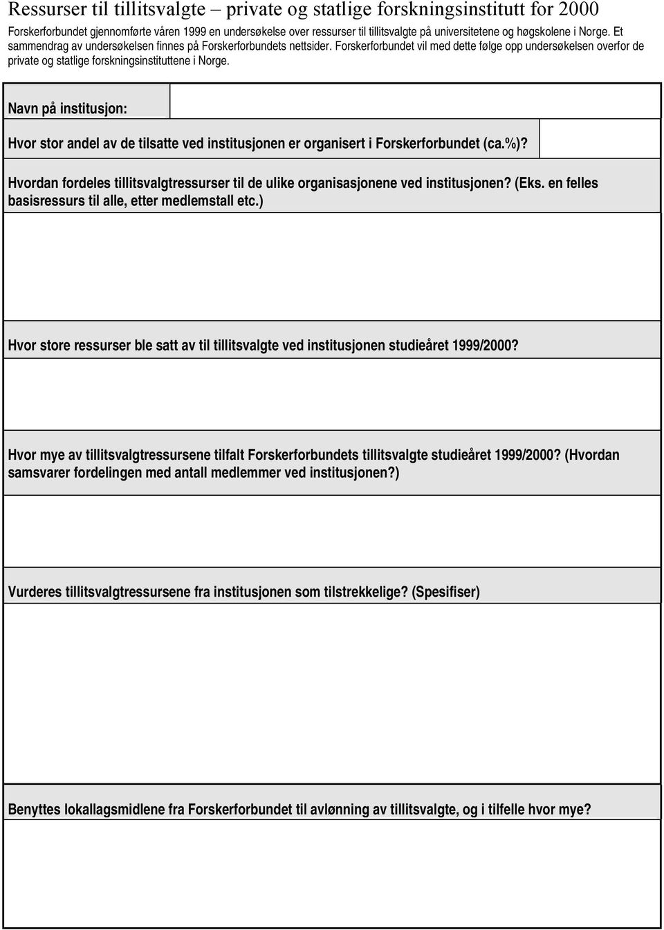 Navn på institusjon: Hvor stor andel av de tilsatte ved institusjonen er organisert i Forskerforbundet (ca.%)? Hvordan fordeles tillitsvalgtressurser til de ulike organisasjonene ved institusjonen?