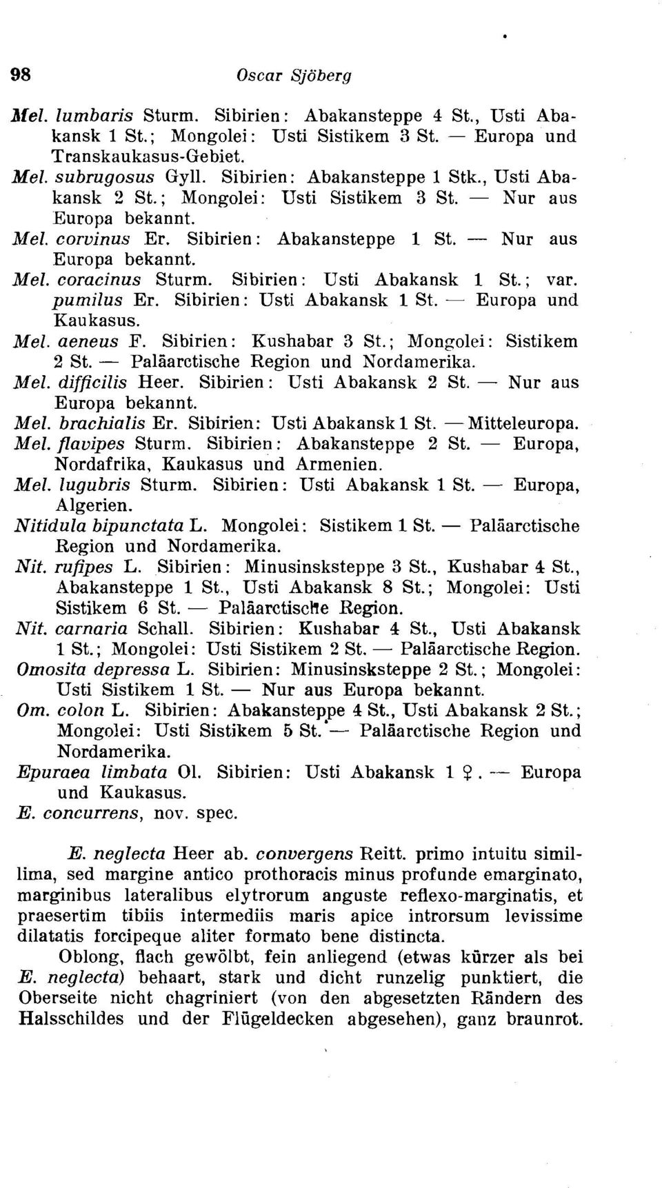 Sibirien : Usti Abakansk 1 St. ; var. pumilus Er. Sibirien : Usti Abakansk 1 St. - Europa und Kau kasus. Mel. aeneus F. Sibirien: Kushabar 3 St.; Mongolei: Sistikem 2 St.