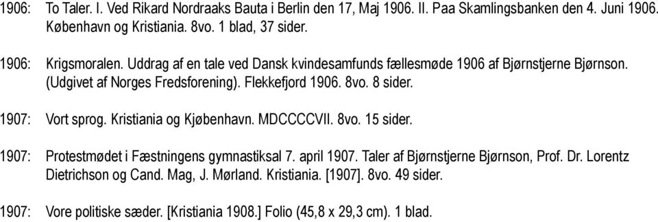 8 sider. 1907: Vort sprog. Kristiania og Kjøbenhavn. MDCCCCVII. 8vo. 15 sider. 1907: Protestmødet i Fæstningens gymnastiksal 7. april 1907.