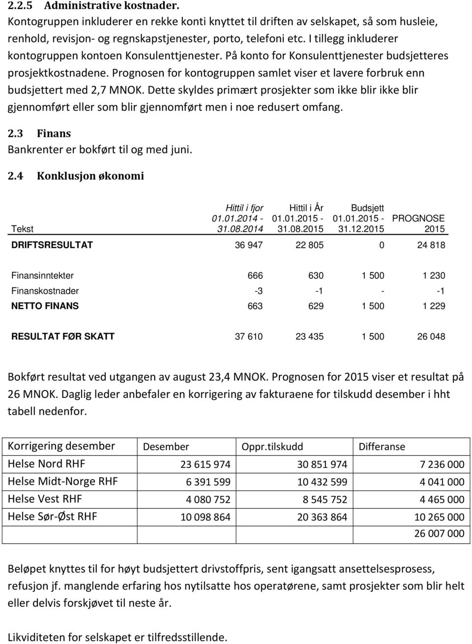 Prognosen for kontogruppen samlet viser et lavere forbruk enn budsjettert med 2,7 MNOK.