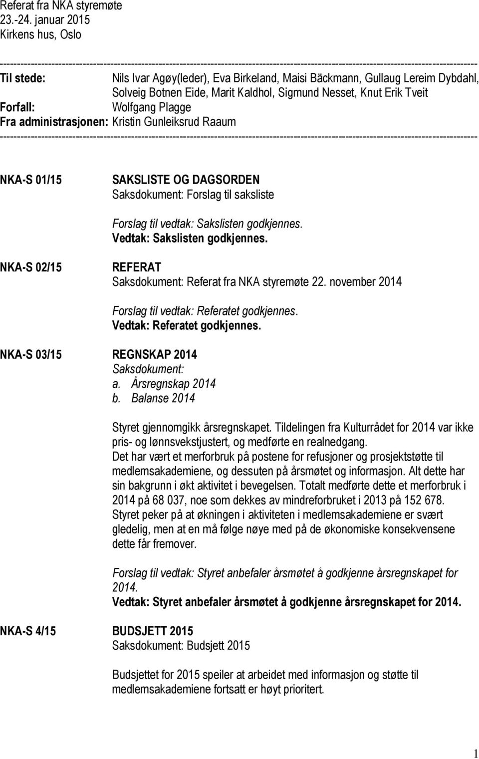 Agøy(leder), Eva Birkeland, Maisi Bäckmann, Gullaug Lereim Dybdahl, Solveig Botnen Eide, Marit Kaldhol, Sigmund Nesset, Knut Erik Tveit Forfall: Wolfgang Plagge Fra administrasjonen: Kristin