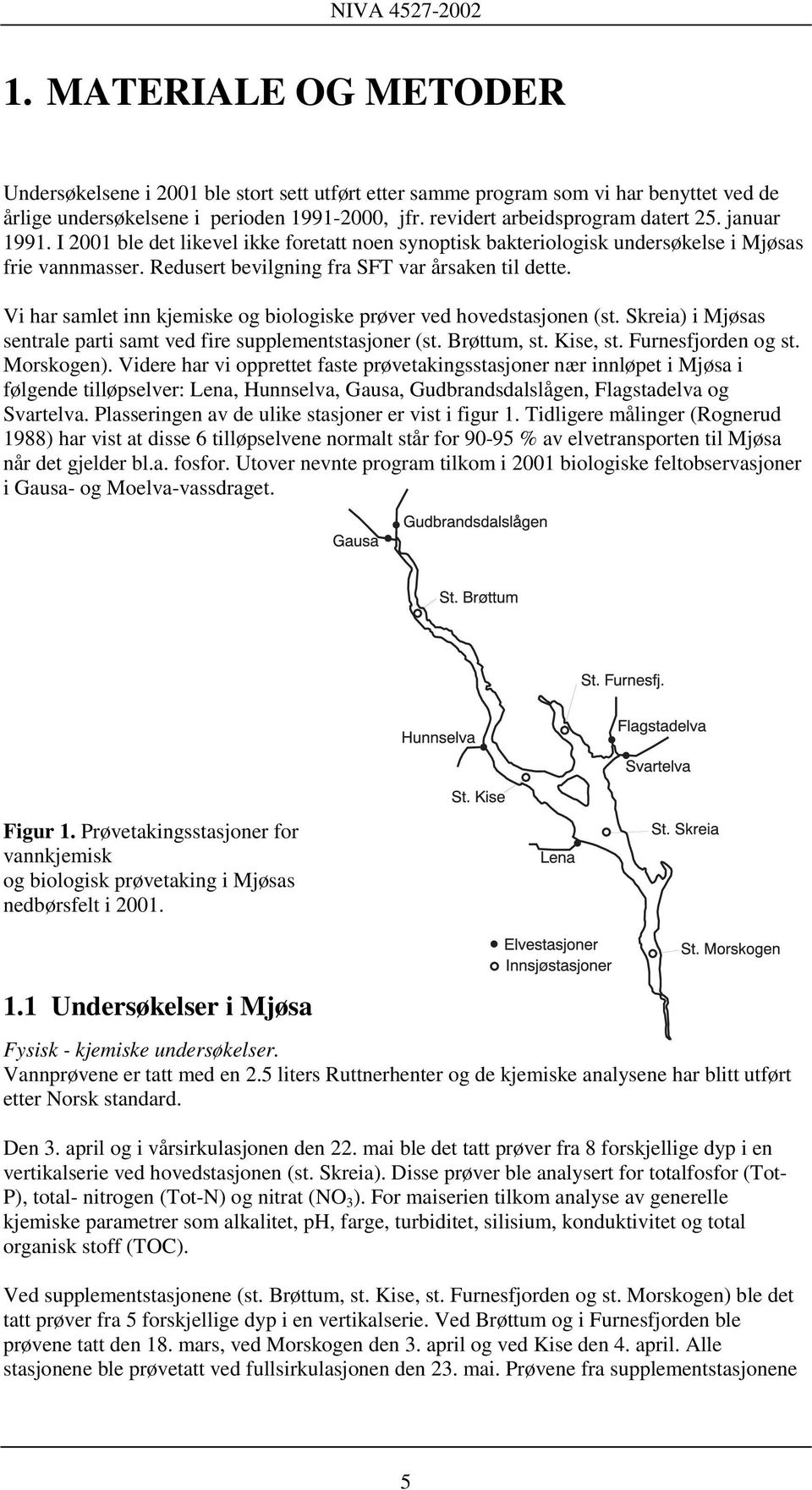 Vi har samlet inn kjemiske og biologiske prøver ved hovedstasjonen (st. Skreia) i Mjøsas sentrale parti samt ved fire supplementstasjoner (st. Brøttum, st. Kise, st. Furnesfjorden og st. Morskogen).