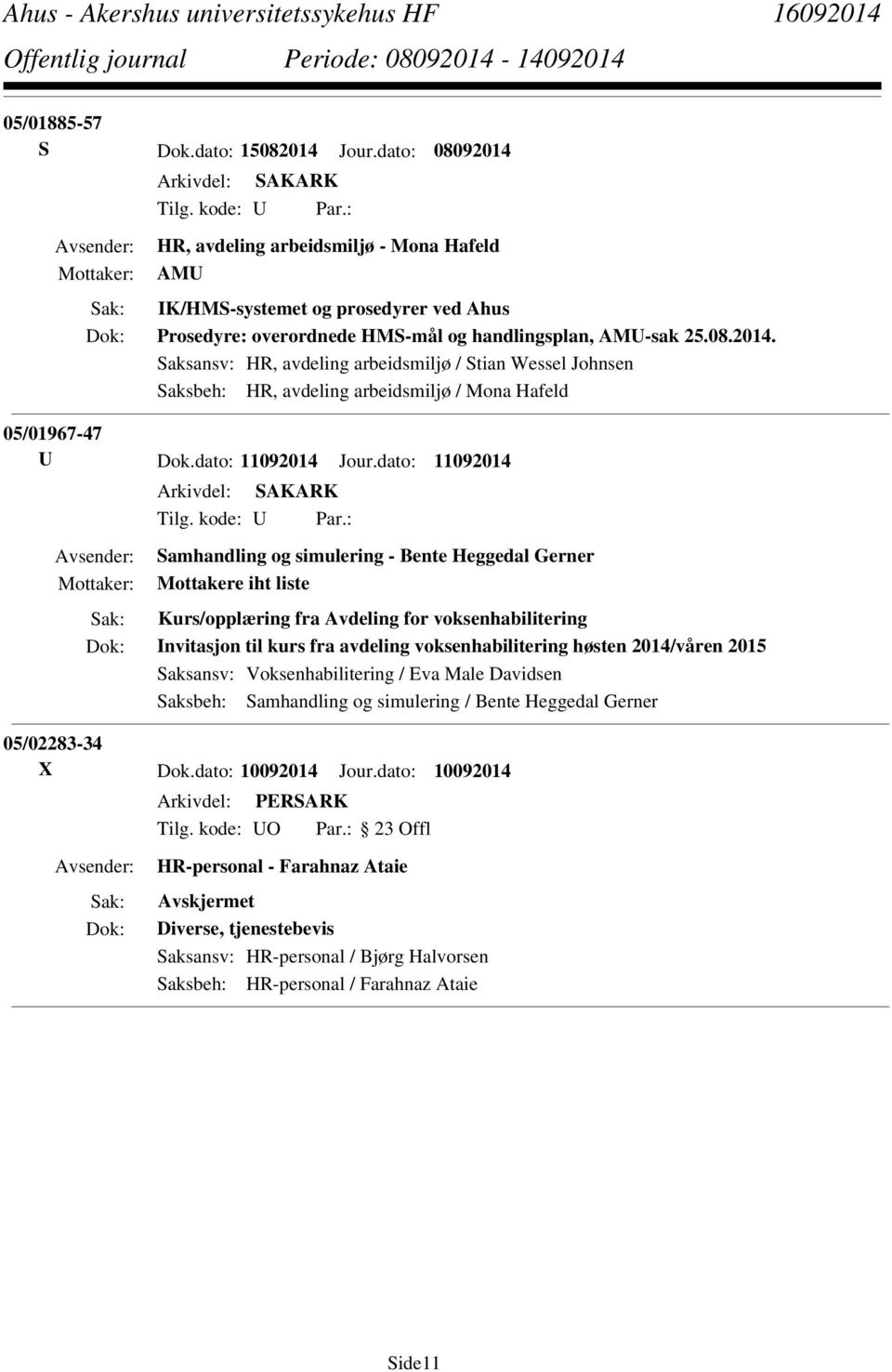 Saksansv: HR, avdeling arbeidsmiljø / Stian Wessel Johnsen Saksbeh: HR, avdeling arbeidsmiljø / Mona Hafeld 05/01967-47 U Dok.dato: 11092014 Jour.dato: 11092014 Tilg. kode: U Par.